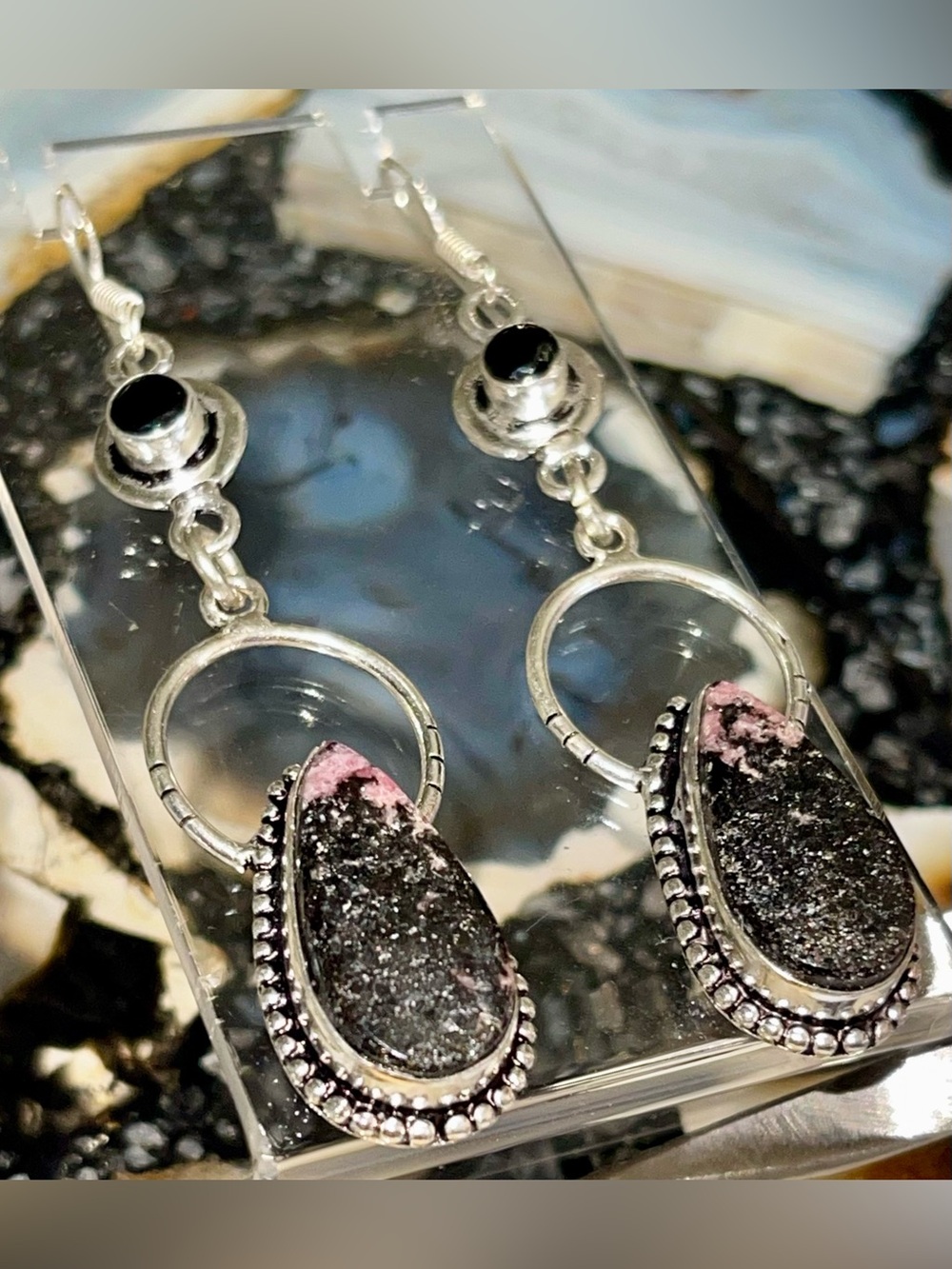 Teardrop Pink-and-Black Mineral Inclusions of Rhodonite Earrings 2 7/8”